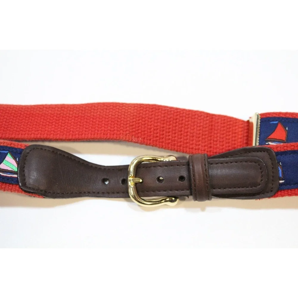 Vtg Alynn Mens Canvas Leather Belt Sail Boats Adjustable Navy‎ Blue Size 29-42W